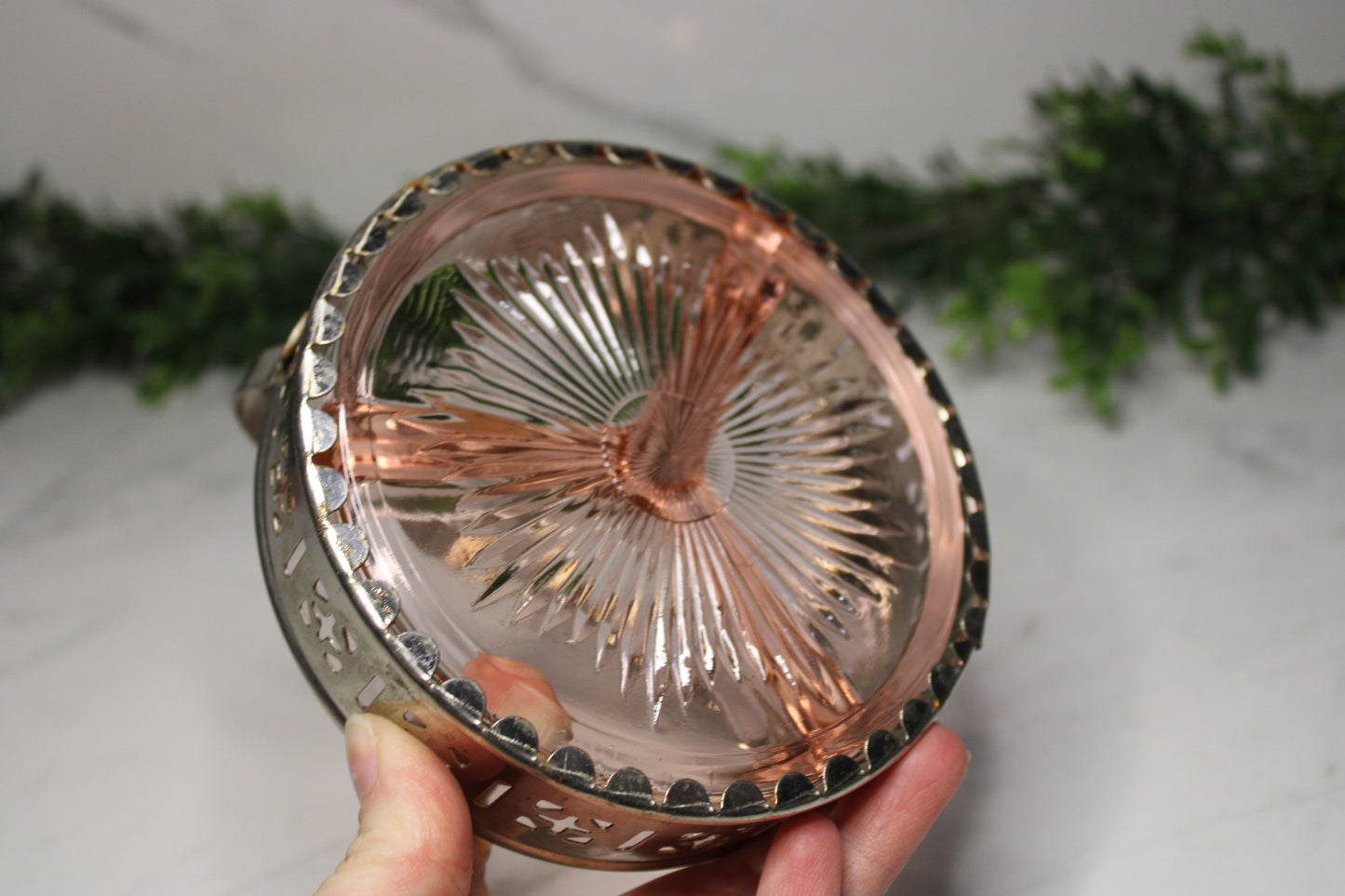 Vintage Pink Depression Glass Dish w/ Metal Holder