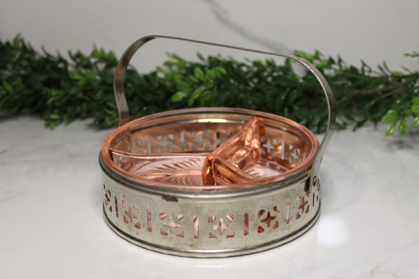 Vintage Pink Depression Glass Dish w/ Metal Holder