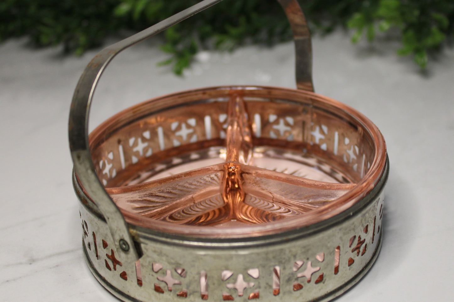 Vintage Pink Depression Glass Dish w/ Metal Holder